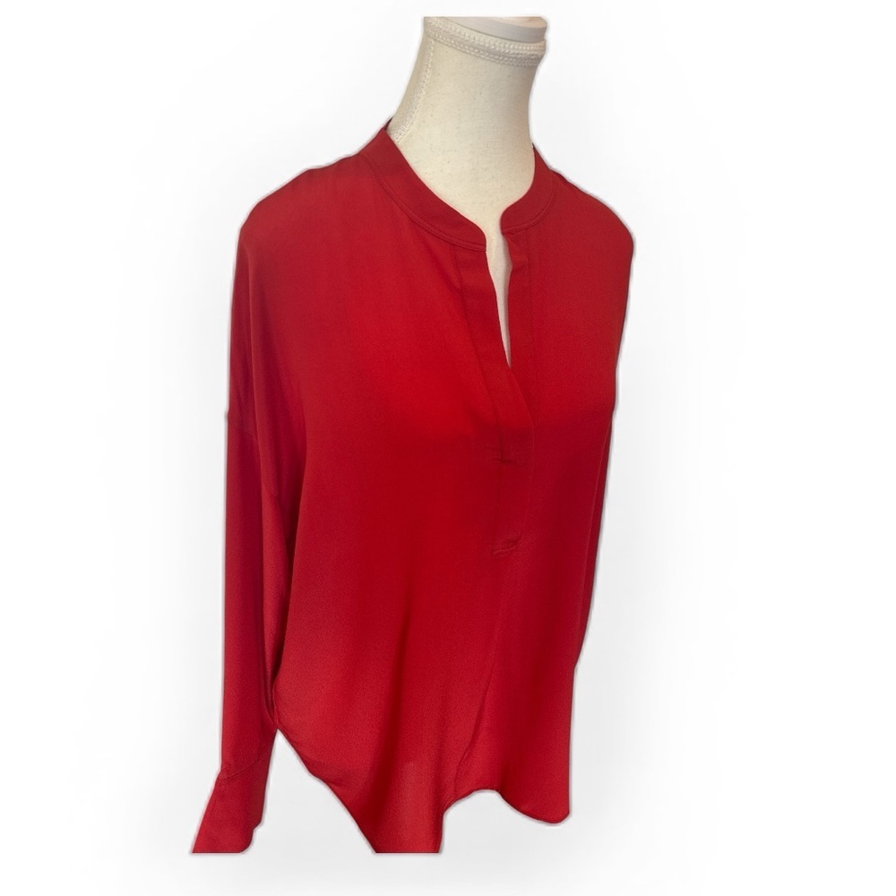 Vince Silk Band Collar Blouse Adobe Red Long Sleeve Minimalist Size M - Picture 7 of 12